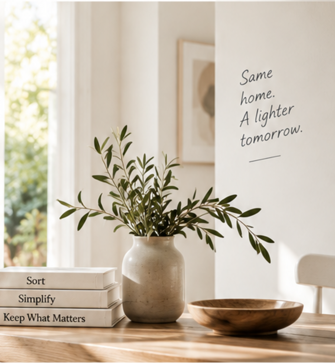 Sunlit table with books, a vase of branches, and a wooden bowl